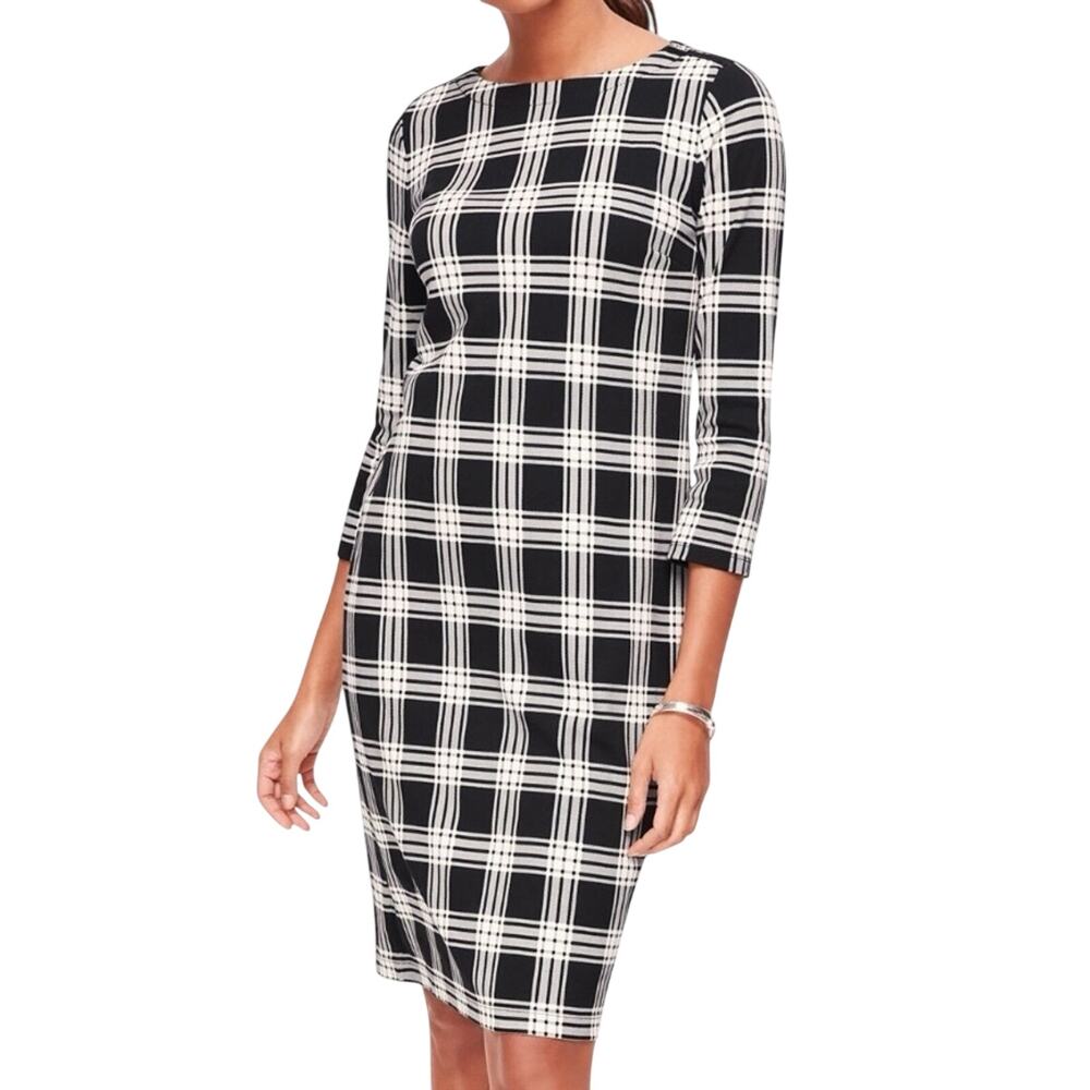 Talbots Plaid Shift Dress SP Small Petite Black White Boat Neck Corporate Chic